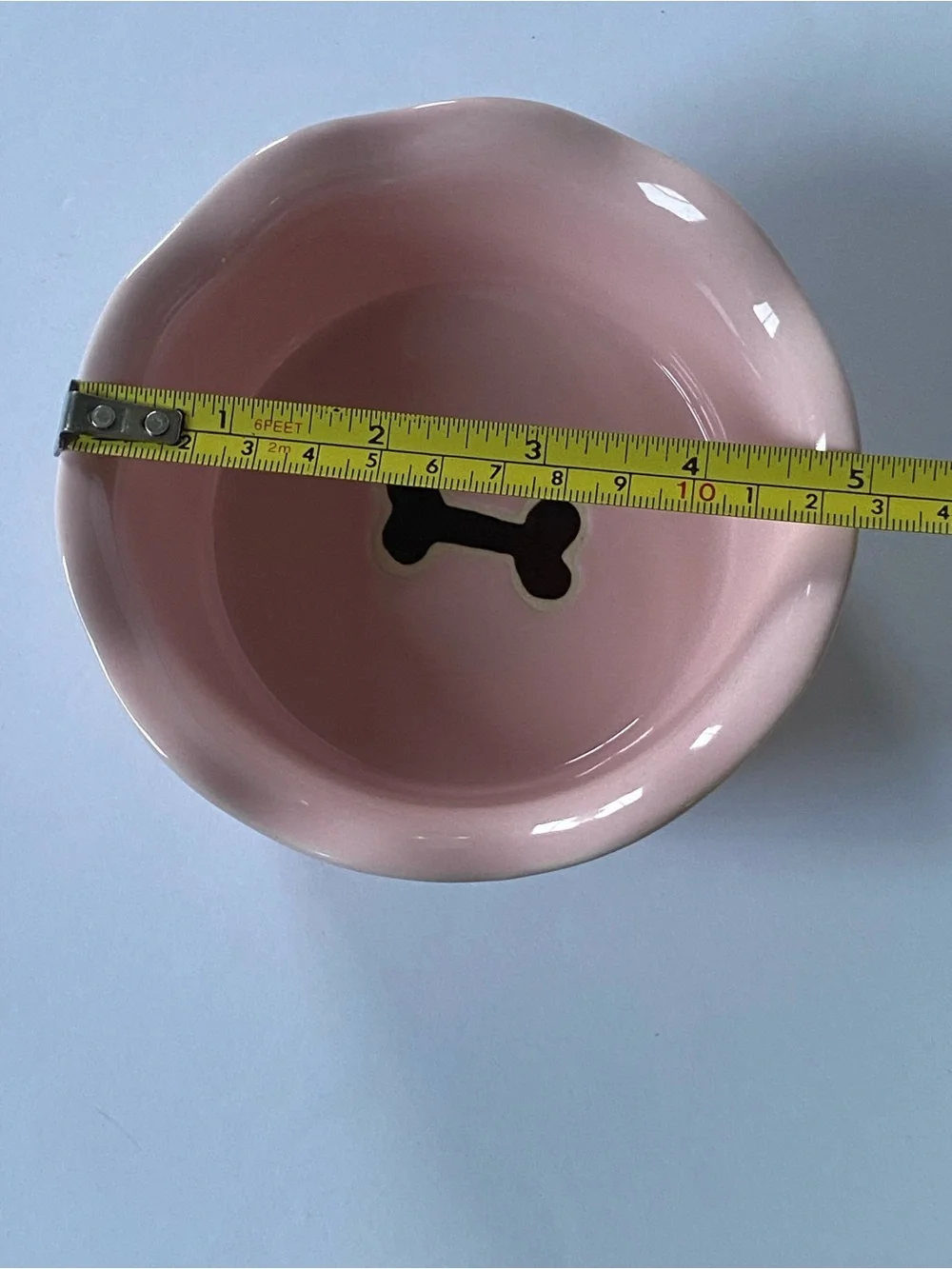Pink Ceramic Dog Food Water Dish Bowl Stoneware 5” Wavy Edge Paw Prints Bone